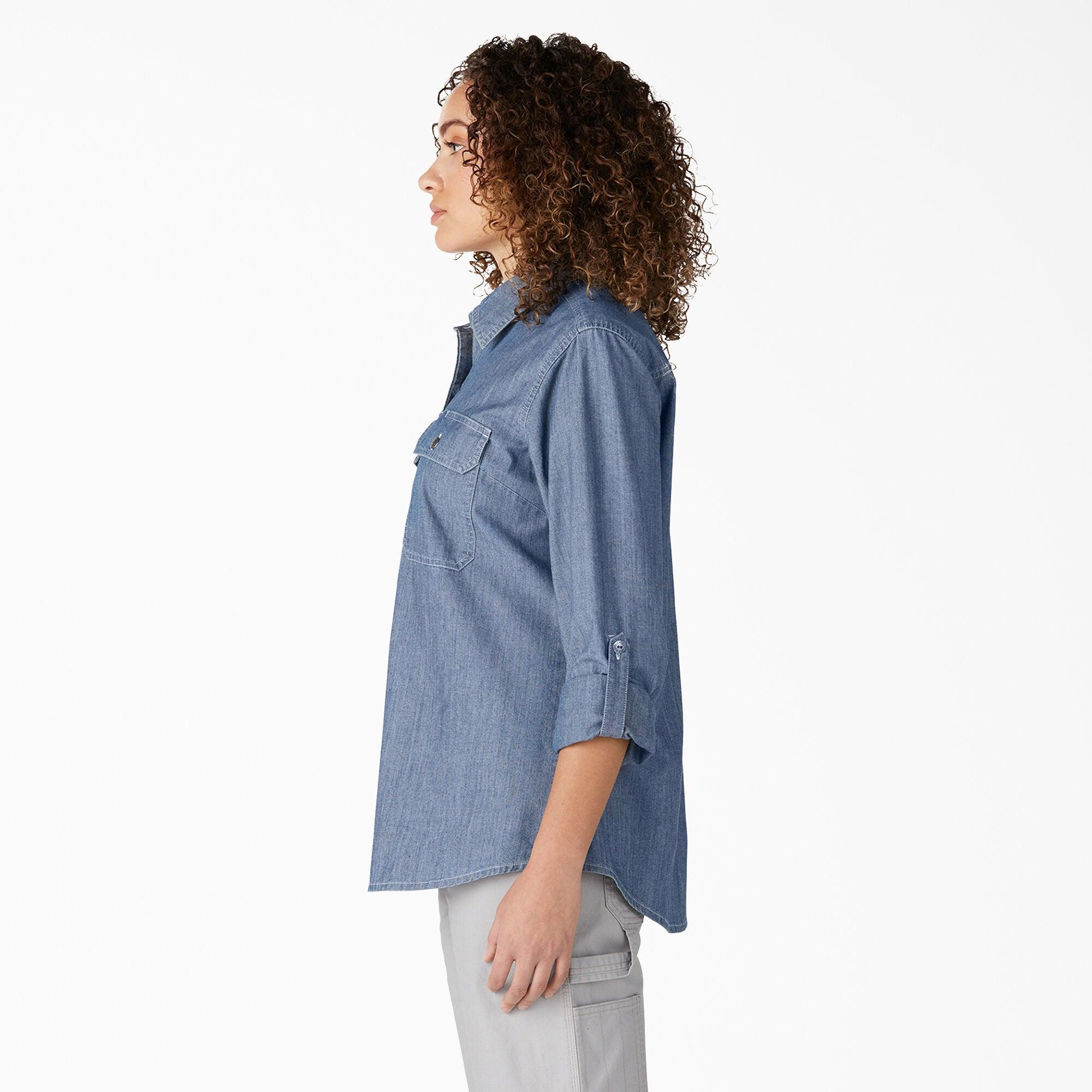 Women’s Chambray Roll-Tab Work Shirt, Stonewashed Light Blue - Purpose-Built / Home of the Trades