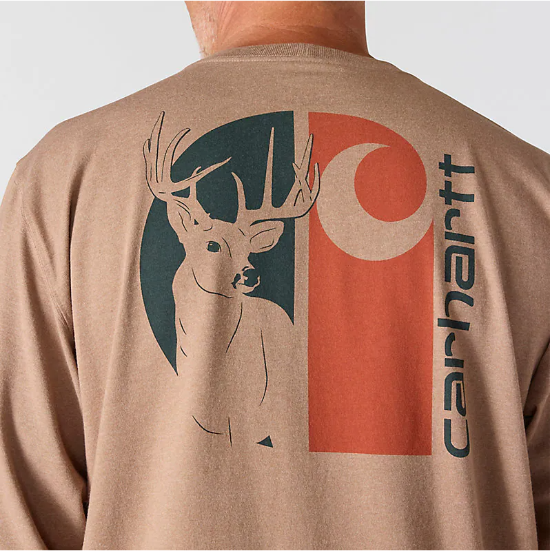 Loose Fit Heavyweight Long-Sleeve Pocket Deer Graphic T-Shirt - Soft Sepia Heather