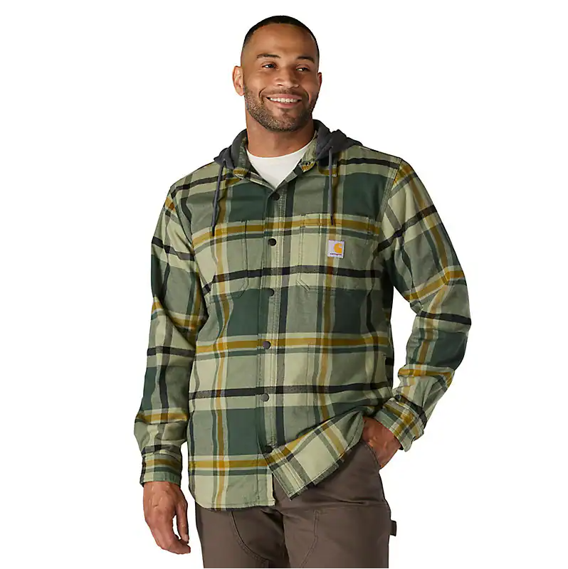 Rugged Flex Relaxed Fit Flannel Fleece Lined Hooded Shirt Jacket - Forestry Green