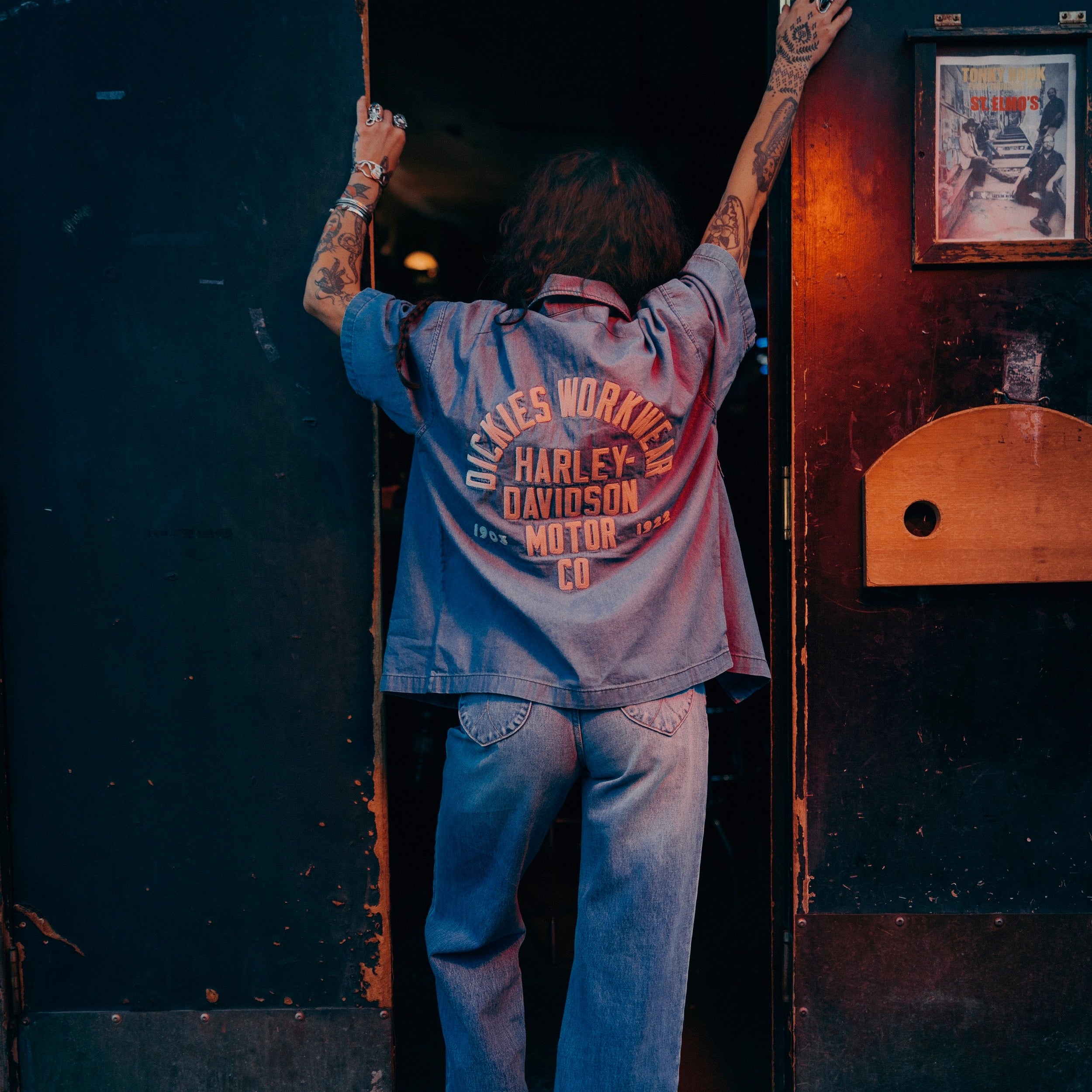 Dickies x Harley Davidson Boxy Chambray Work Shirt- Blue Chambray