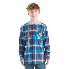 Youth Boys Long-Sleeve Flannel Button-Front Hooded Shirt - Dark Denim