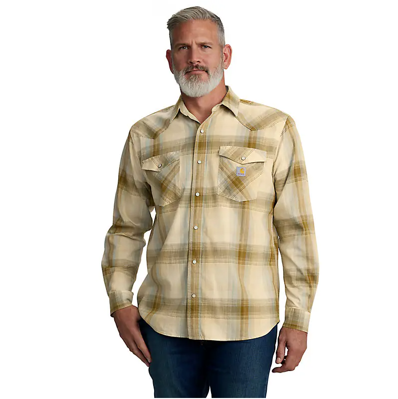 Montana Rugged Flex™ Relaxed Fit Lightweight Long-Sleeve Snap-Front Plaid Shirt, Chalk